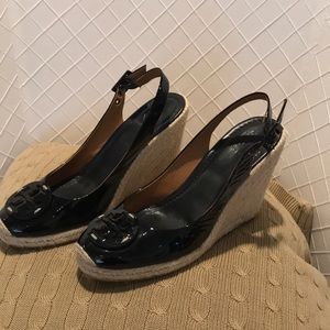 Tory Burch black patent wedge espadrilles
